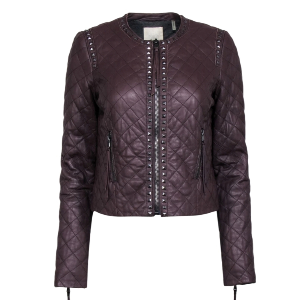 Rebecca Taylor Plum‎ Quilted Lambskin Leather Jacket Studded Details Size Small
